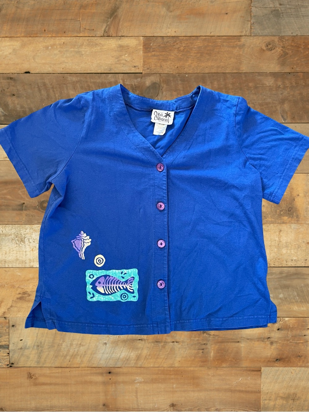 Vintage Copa Cabana Blue Fish Graphic Button-Up Shirt Tagged Large